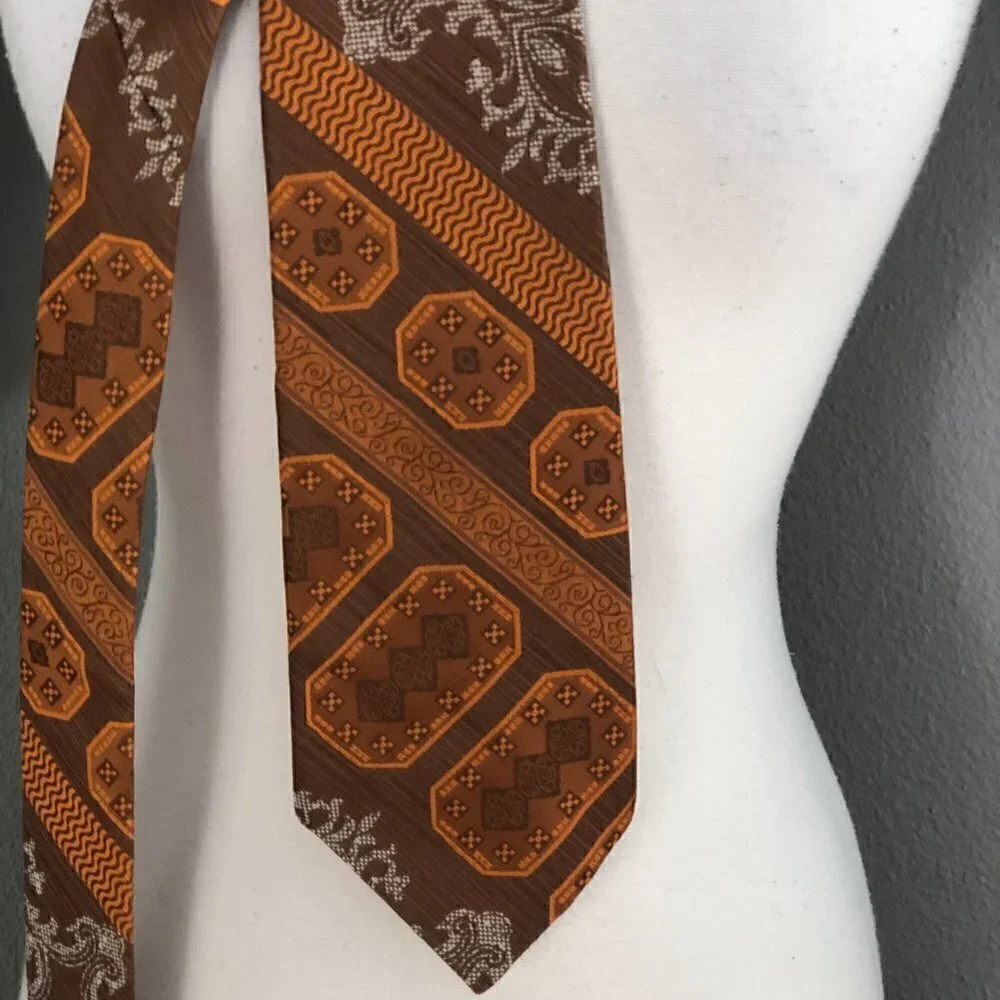 Vintage Enchino Men's Necktie Orange Tan & Ivory Tikki Bar MCM Modern Tie